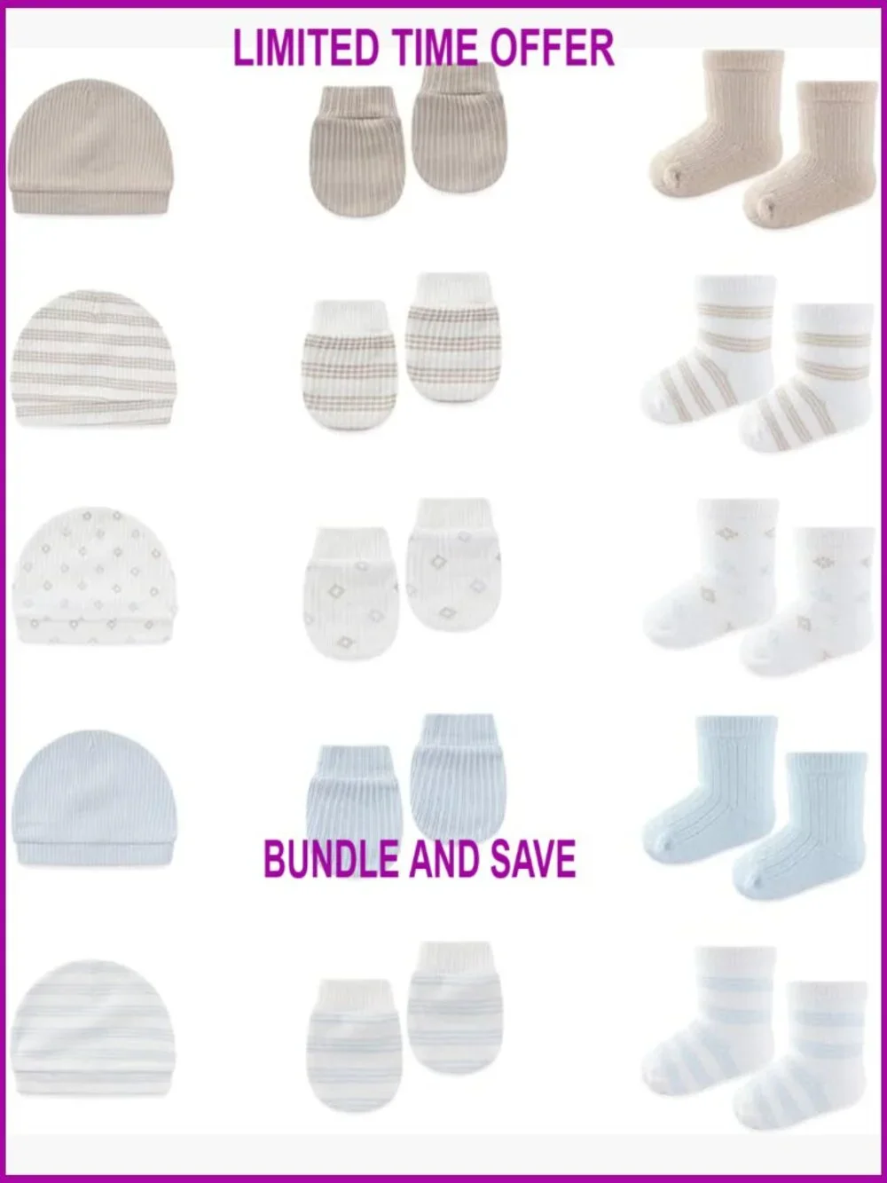 15-Pack Newborn Cotton Hat Glove Sock Set 0-6 Months Unisex